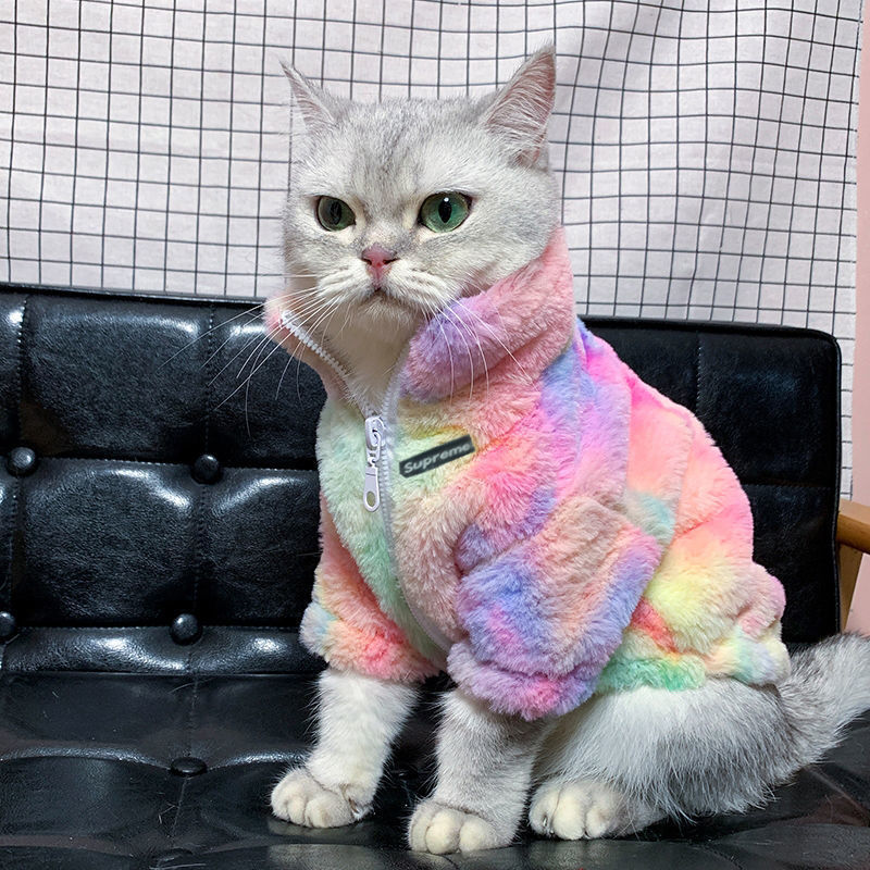 HKM-9945789 Rainbow Furry Coat and CP Sweater for Cats - Thickened Autumn & Winter Clothing