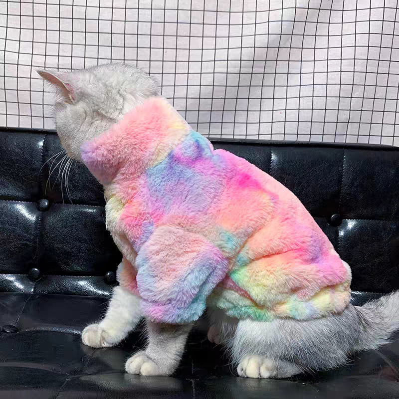 HKM-9945789 Rainbow Furry Coat and CP Sweater for Cats - Thickened Autumn & Winter Clothing