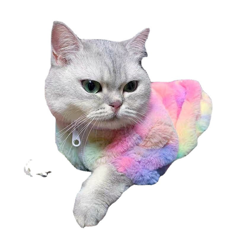 HKM-9945789 Rainbow Furry Coat and CP Sweater for Cats - Thickened Autumn & Winter Clothing