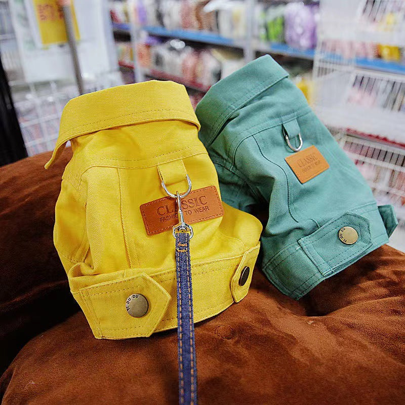 HKM-9949373 Dogcat Casual Autumn Traction Denim Jacket for Pets - Available in Blue, Green, Yellow, Sizes S to 2XL