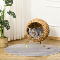 HKM-9949629 Elevated 20.5" Hand-woven Banana Leaf Cat Bed with Cushion, Natural Rattan Wicker Design