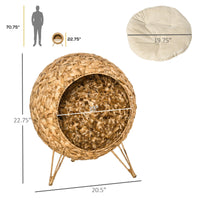 HKM-9949629 Elevated 20.5" Hand-woven Banana Leaf Cat Bed with Cushion, Natural Rattan Wicker Design