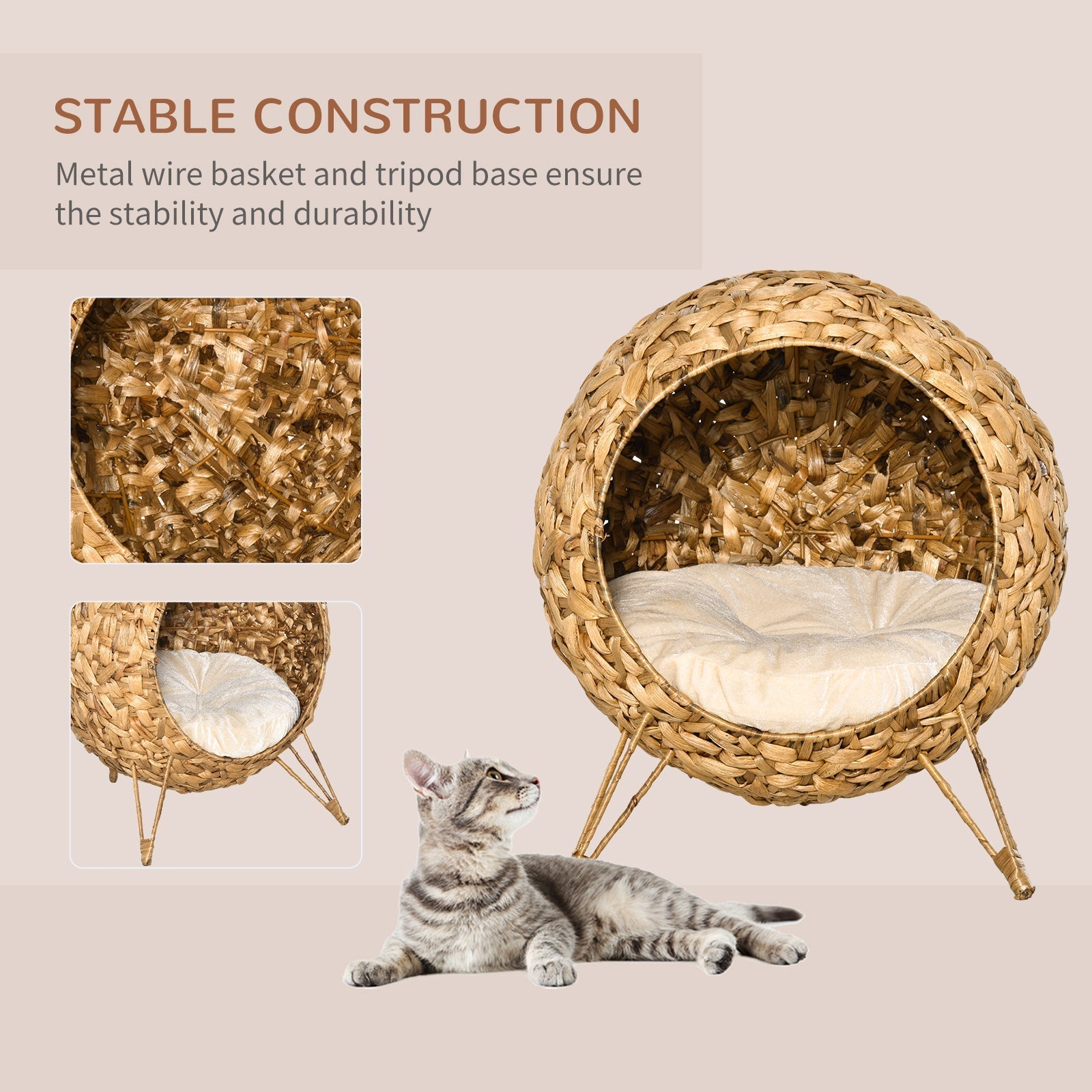 HKM-9949629 Elevated 20.5" Hand-woven Banana Leaf Cat Bed with Cushion, Natural Rattan Wicker Design