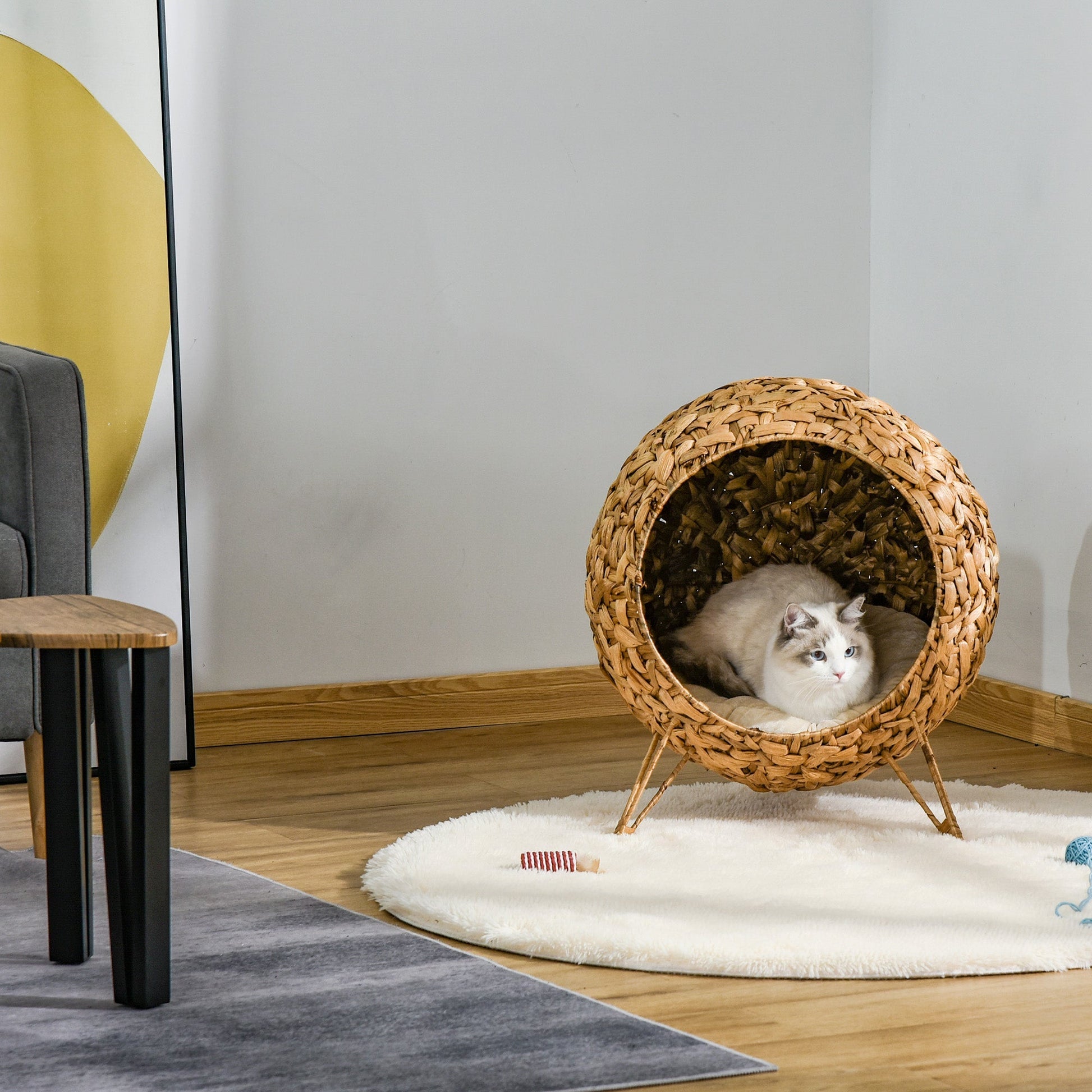 HKM-9949629 Elevated 20.5" Hand-woven Banana Leaf Cat Bed with Cushion, Natural Rattan Wicker Design