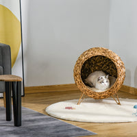 HKM-9949629 Elevated 20.5" Hand-woven Banana Leaf Cat Bed with Cushion, Natural Rattan Wicker Design