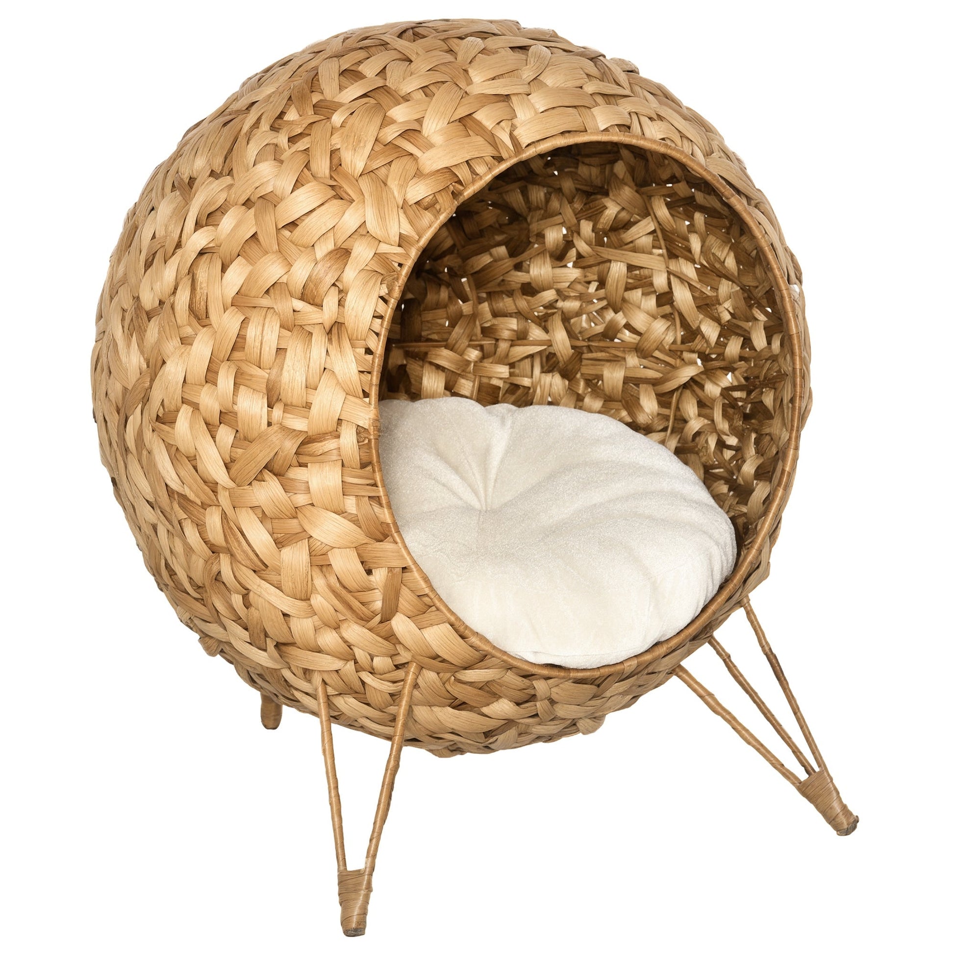 HKM-9949629 Elevated 20.5" Hand-woven Banana Leaf Cat Bed with Cushion, Natural Rattan Wicker Design