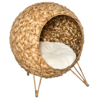 HKM-9949629 Elevated 20.5" Hand-woven Banana Leaf Cat Bed with Cushion, Natural Rattan Wicker Design