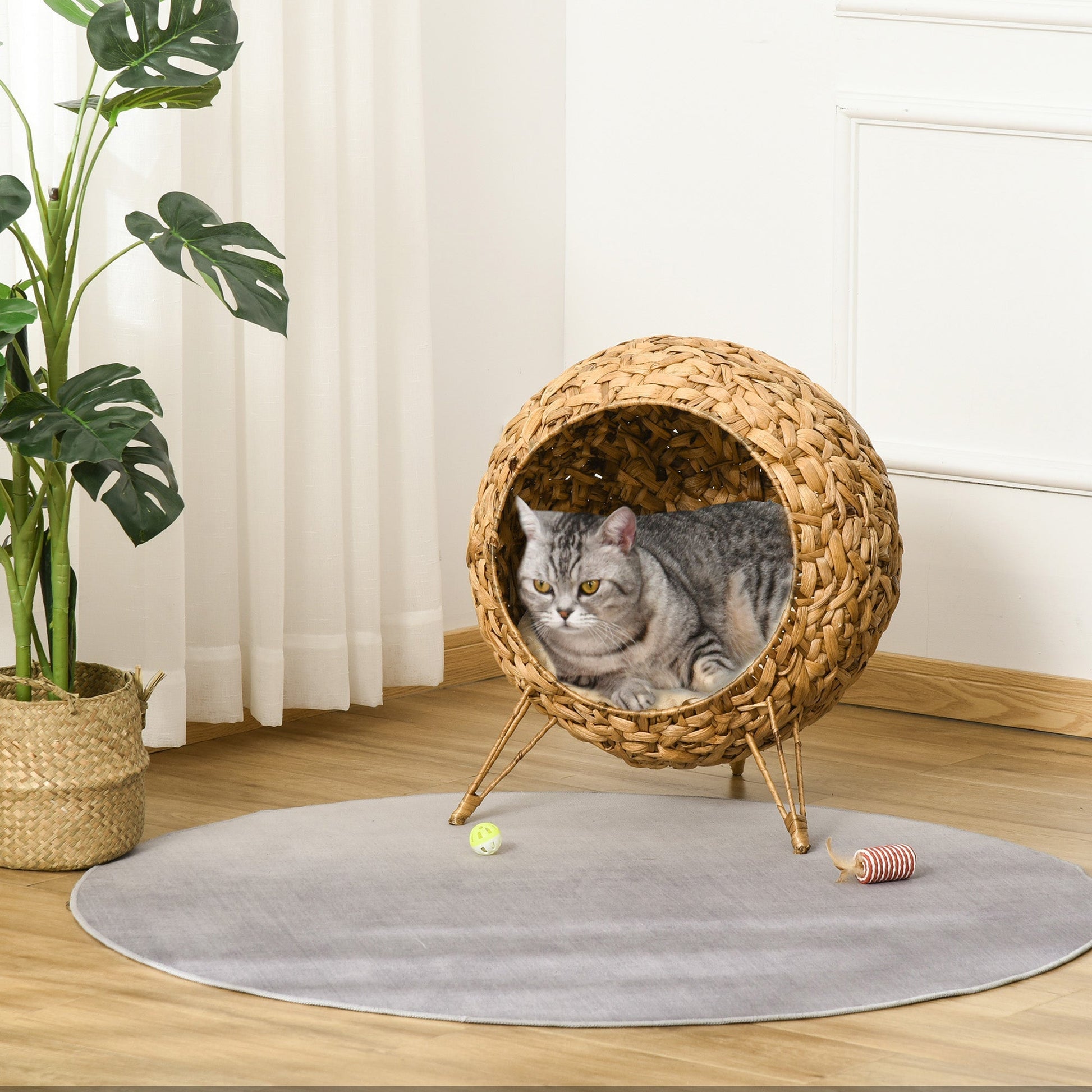 HKM-9949629 Elevated 20.5" Hand-woven Banana Leaf Cat Bed with Cushion, Natural Rattan Wicker Design