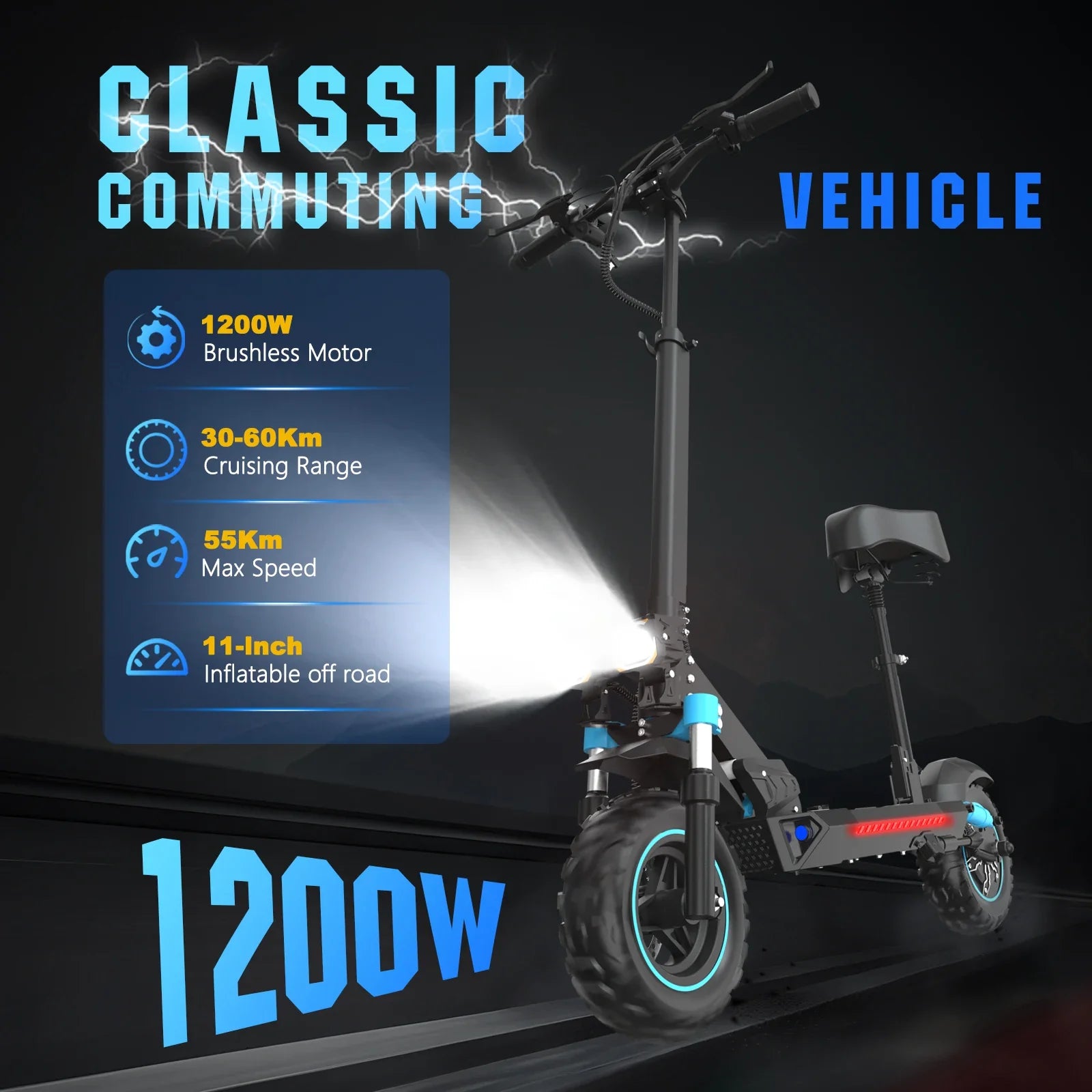 HKM-995219 1200W Electric Scooter with Seat, Foldable, App Control, Waterproof, Dual Suspension, 45-60 km Range