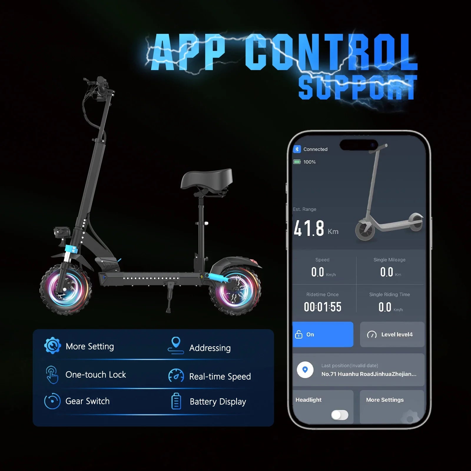 HKM-995219 1200W Electric Scooter with Seat, Foldable, App Control, Waterproof, Dual Suspension, 45-60 km Range