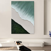HKM-995283 Handmade Abstract Oil Painting on Canvas - Green and White Waves for Home Decor