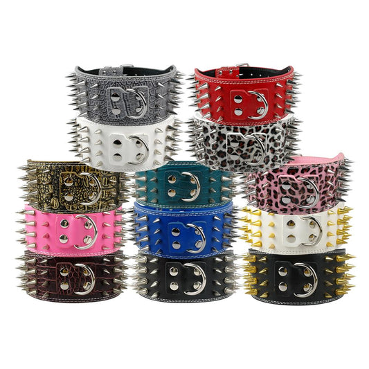 HKM-9952957 Crocodile Pattern PU Leather Adjustable Dog Collar with Nail Spikes, 7.5 cm Wide