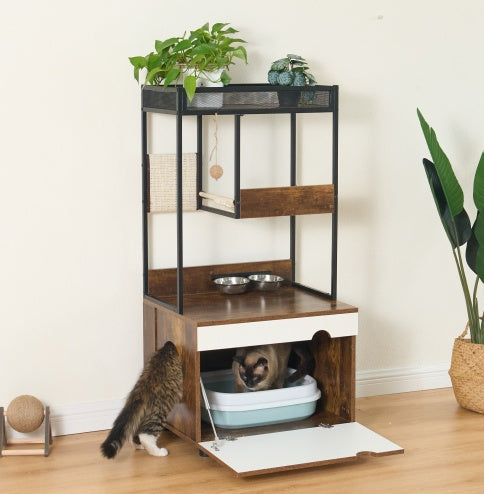 HKM-995347 Cat Litter Box Enclosure with Cat Tree Tower, American Design Furniture in White and Vintage Finish