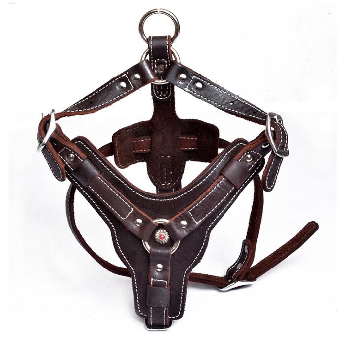 HKM-9956029 Genuine Oil Leather Dog Harness for Medium and Large Breeds, Adjustable Neck and Chest Measurements