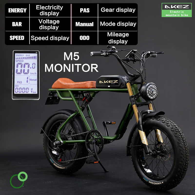 HKM-995667 Vintage Fat Tire Electric Bike 48V 1500W 36Ah 7-Speed Off-Road E-Bike with Removable Lithium Battery