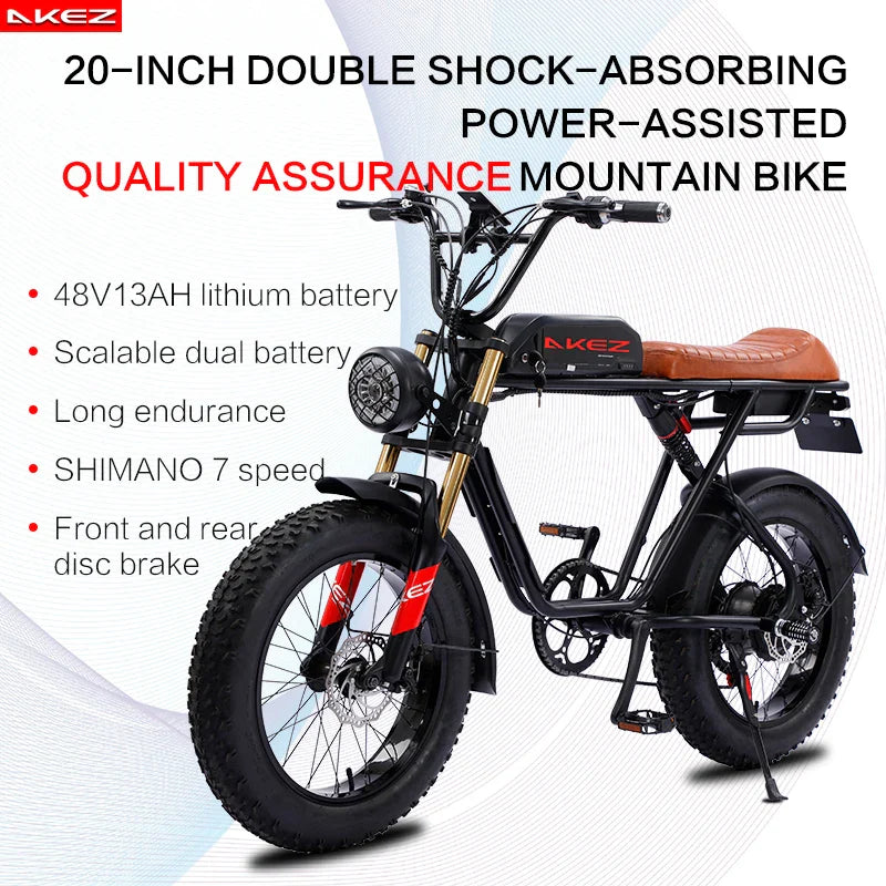 HKM-995667 Vintage Fat Tire Electric Bike 48V 1500W 36Ah 7-Speed Off-Road E-Bike with Removable Lithium Battery