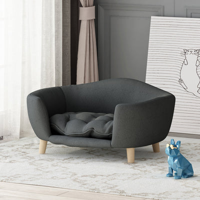 HKM-9956797 Cozy Dark Gray Dog Bed with Luxurious Tufted Cushions and Birch Legs - Ideal for Small Dogs