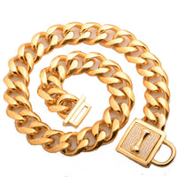 HKM-9958717 Golden Titanium Steel Dog Chain with Micro-Inlaid White Diamond Buttons - Various Lengths Available