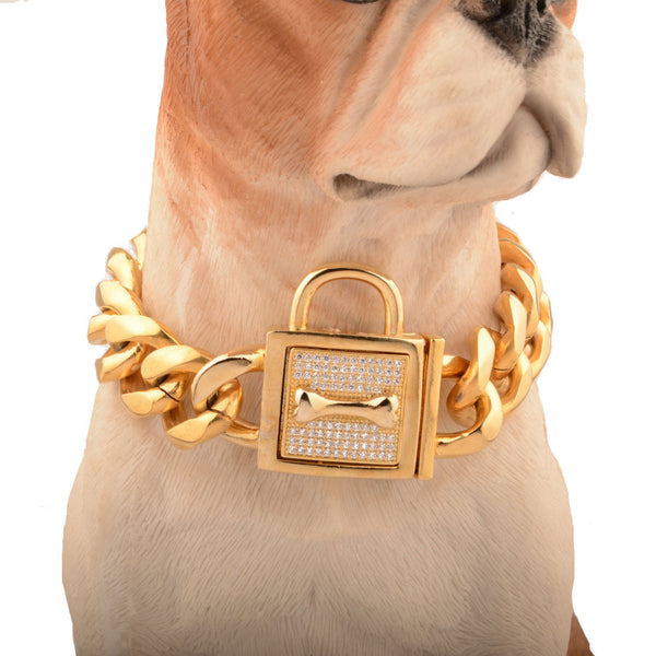 HKM-9958717 Golden Titanium Steel Dog Chain with Micro-Inlaid White Diamond Buttons - Various Lengths Available