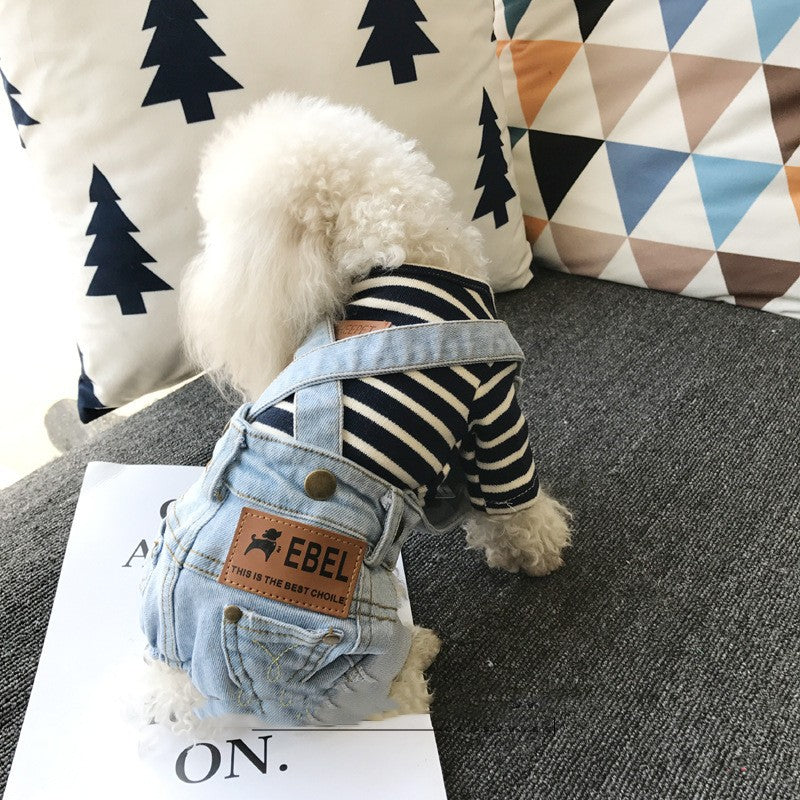 HKM-9959101 Dog Denim Suspender Pants in Light and Dark Wash - Casual Pet Clothing for Spring and Autumn