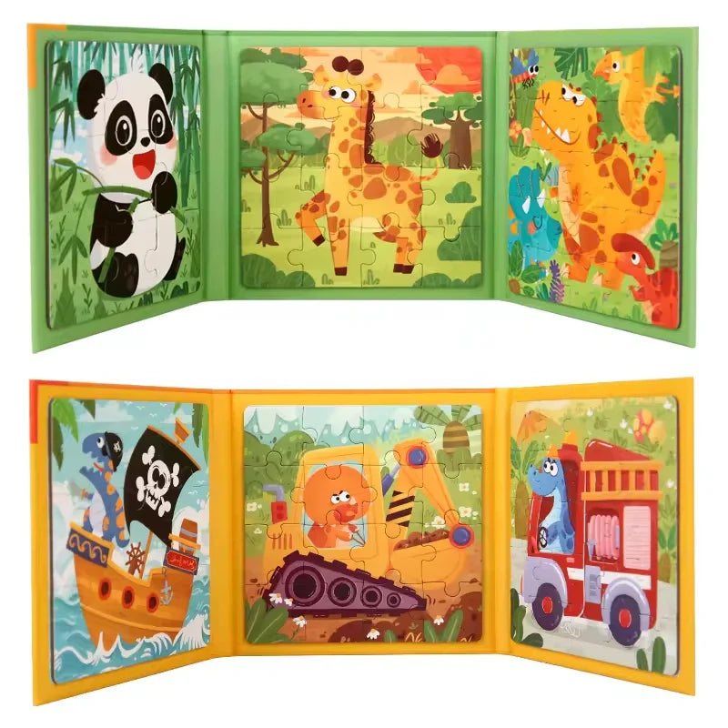 HKM-995923 Magnetic Foldable Puzzle Book with Cartoon Animal and Transportation Themes for Kids Age 2-7