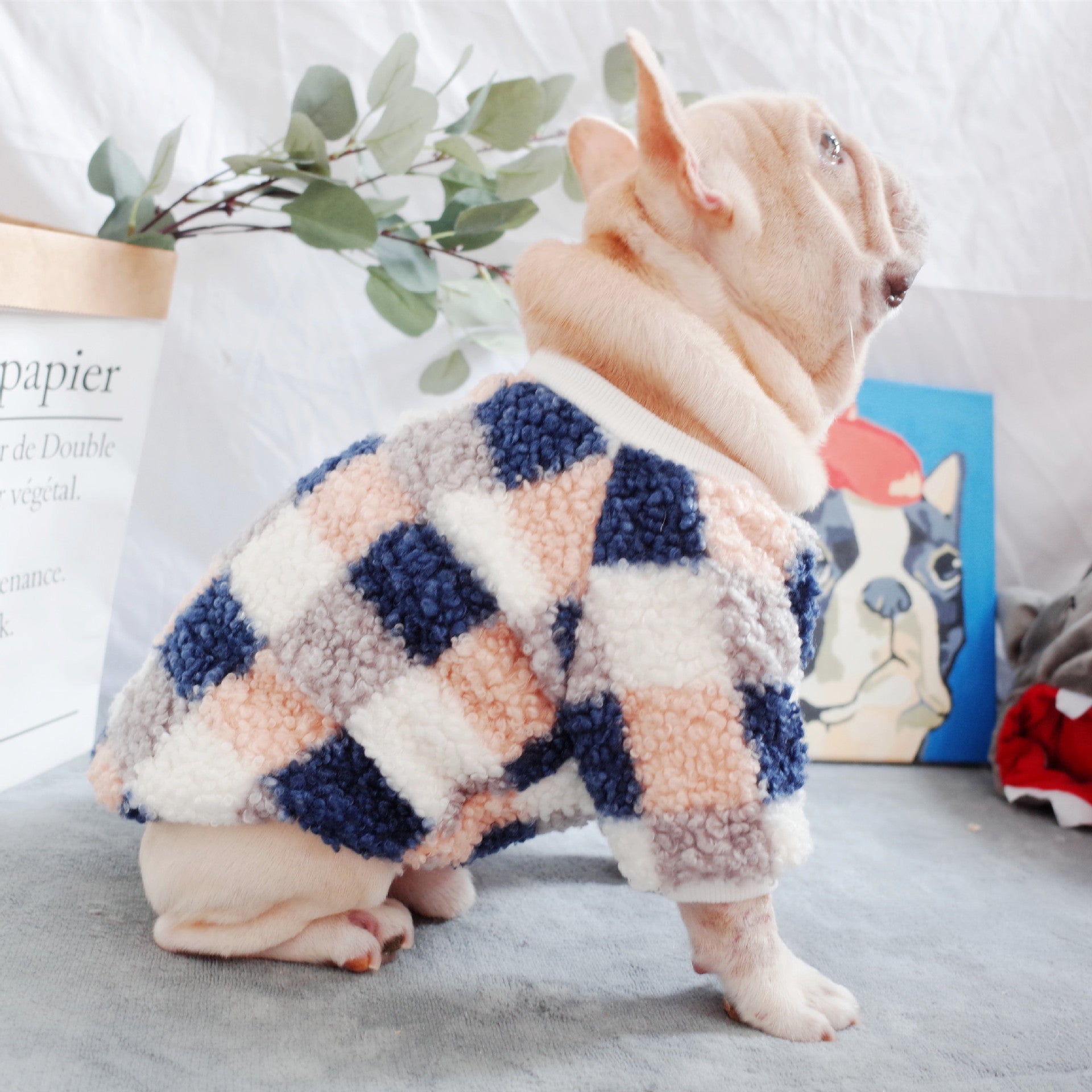 HKM-9964861 Warm Teddy Velvet Plaid Dog Clothes in Blue and Orange for Schnauzers - Sizes S to XL