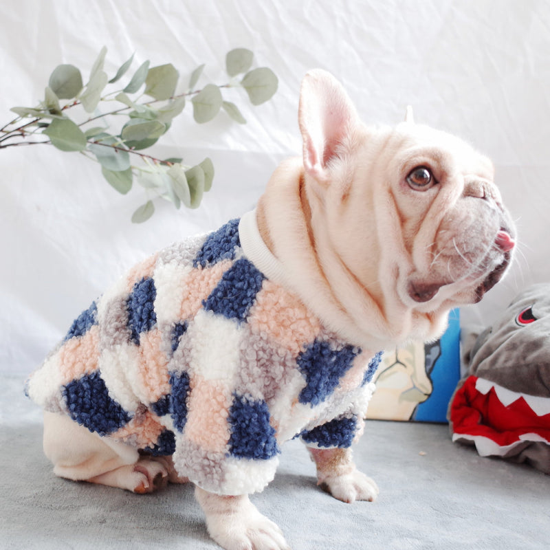 HKM-9964861 Warm Teddy Velvet Plaid Dog Clothes in Blue and Orange for Schnauzers - Sizes S to XL