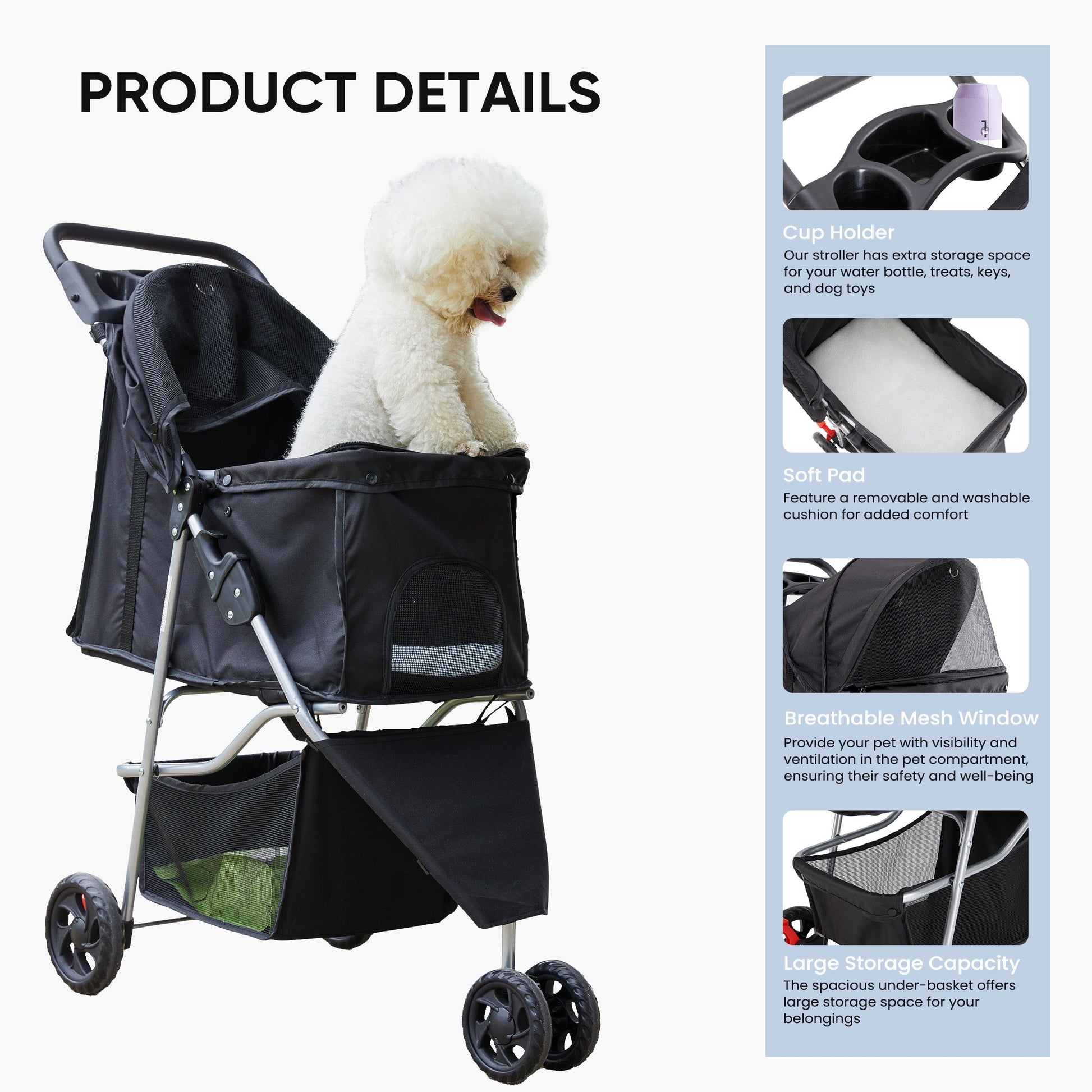 HKM-9967933 Pet Stroller for Small to Medium Pets with Mesh Panels and Adjustable Handle