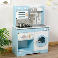 HKM-996947 Classic Blue Wooden Pretend Play Kitchen Toy Set with Simulated Water Faucet for Kids