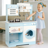 HKM-996947 Classic Blue Wooden Pretend Play Kitchen Toy Set with Simulated Water Faucet for Kids