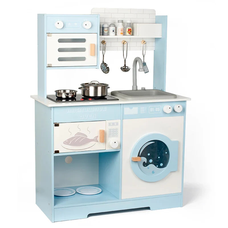 HKM-996947 Classic Blue Wooden Pretend Play Kitchen Toy Set with Simulated Water Faucet for Kids