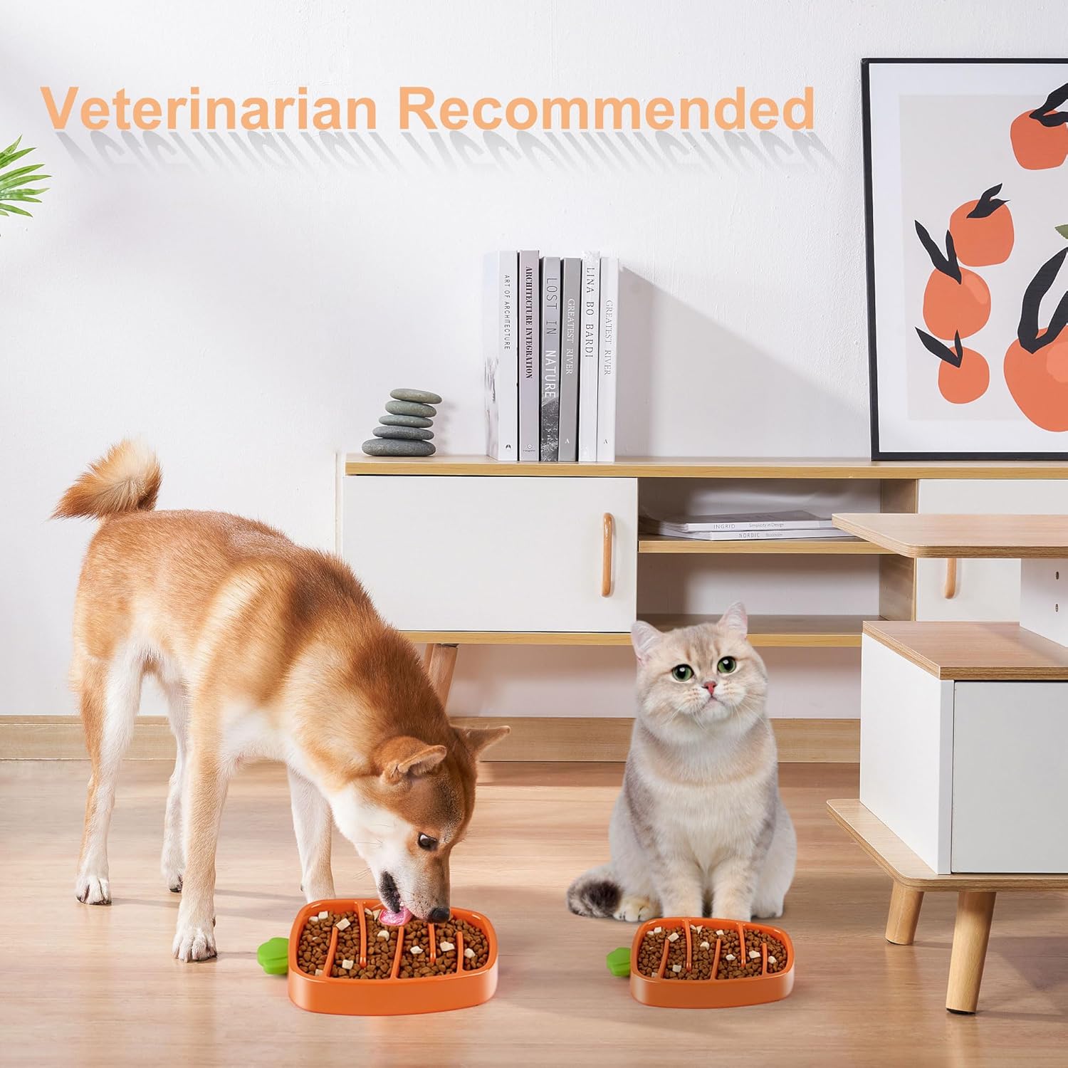 HKM-9974205 Slow Feeder Dog Bowl for Small & Medium Dogs - Carrot Design, Non-Slip Melamine with Silicone Base