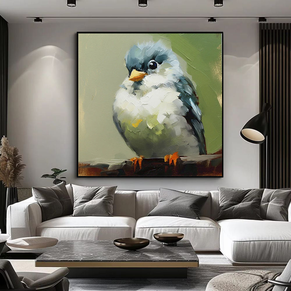 HKM-997587 Hand Painted Kawaii Bird Oil Canvas Art for Living Room and Children's Decor