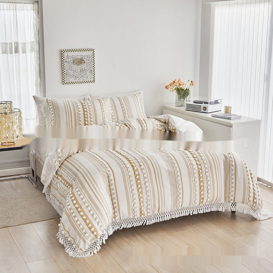 HKM-997651 Tassel Dot Solid Color Three-Piece Bedding Set - Multiple Sizes Available