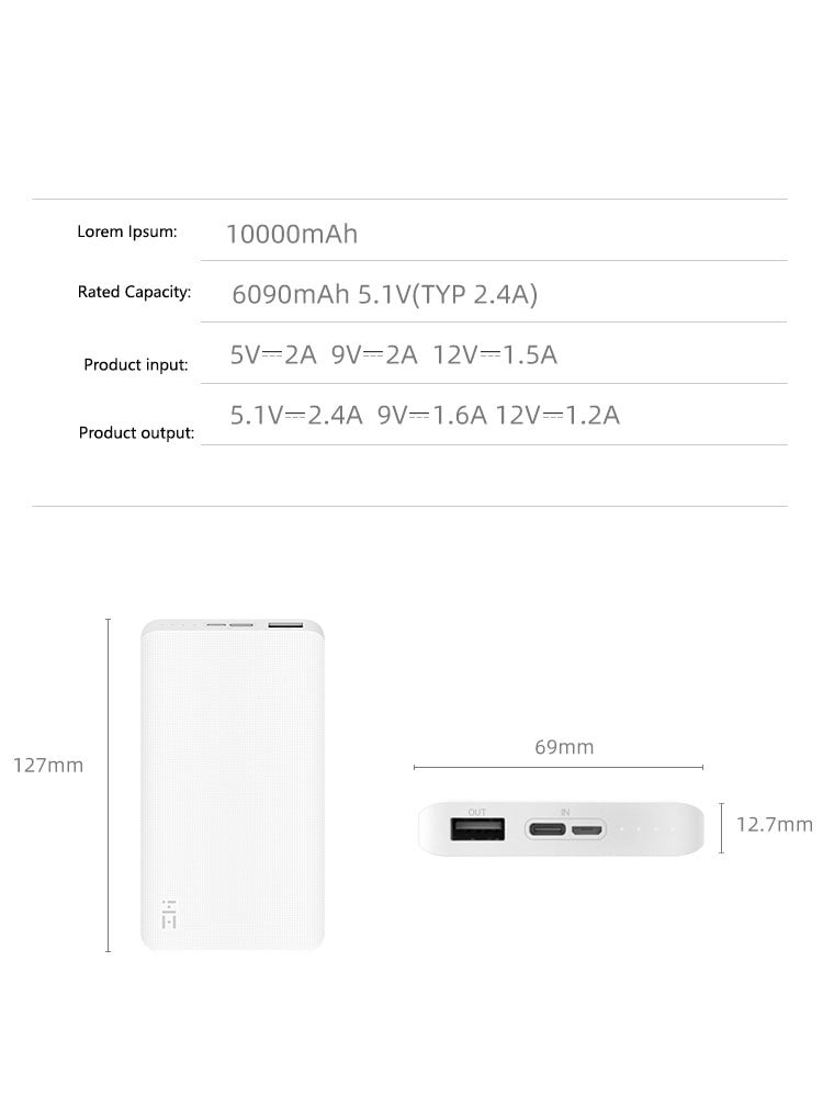 HKM-997715 Portable 10000mAh Power Bank with Two-Way Fast Charging for Mobile Devices