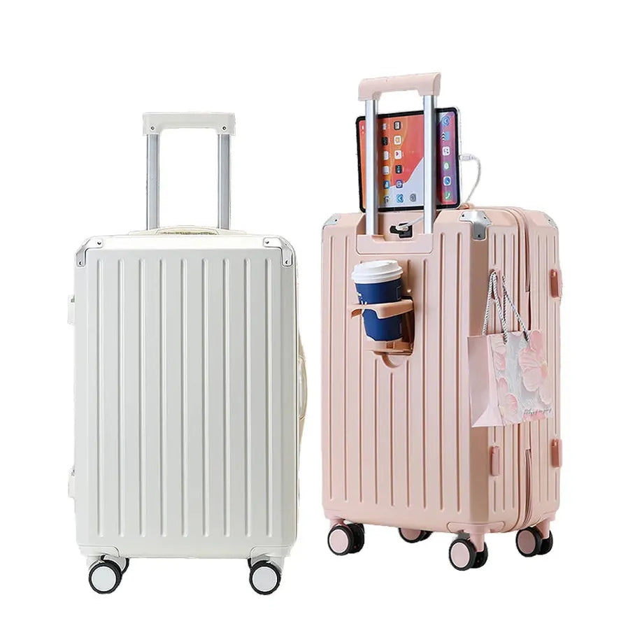 HKM-998035 Stylish Girl's Travel Suitcase with Aluminium Wheels and Cup Holder, Durable PC ABS Trolley for Kids