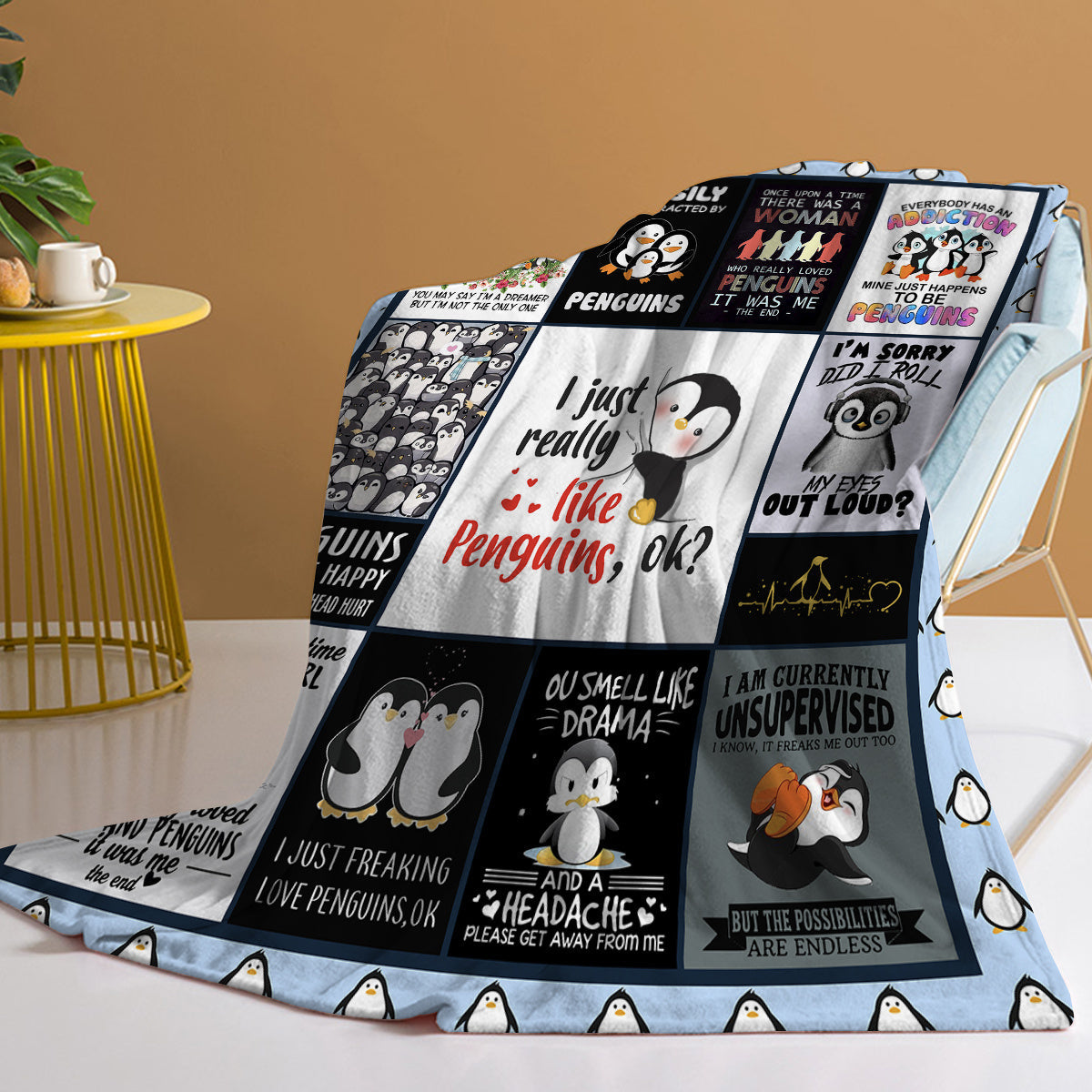 HKM-998483 Soft Flannel Penguin Pattern Throw Blanket for Indoor and Outdoor Use, Various Sizes Available