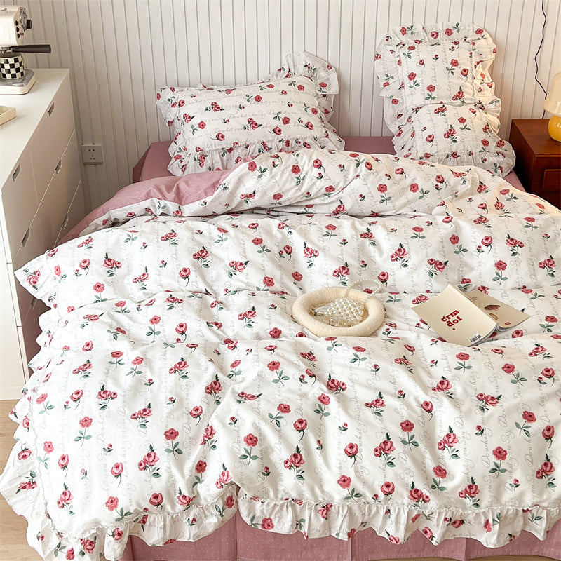 HKM-998803 French Blue Rose Cotton 4-Piece Lace Twill Bedding Set for Various Bed Sizes