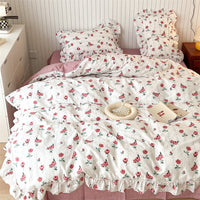 HKM-998803 French Blue Rose Cotton 4-Piece Lace Twill Bedding Set for Various Bed Sizes