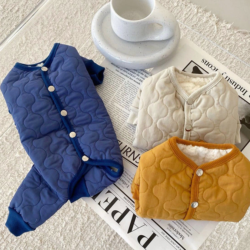 HKM-9993917 Thickened Cotton-Padded Pet Clothing in Blue, Yellow, and Beige - Size XS to XL