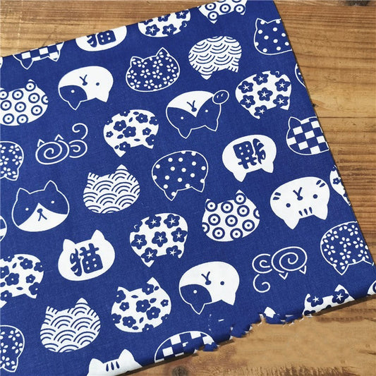HKM-999635 Blue Bottom Japanese Style Cotton Twill Fabric - Shiba Inu and Cat Design for Bedding, Bags, and More