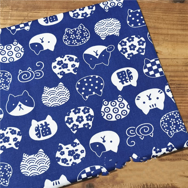 HKM-999635 Blue Bottom Japanese Style Cotton Twill Fabric - Shiba Inu and Cat Design for Bedding, Bags, and More
