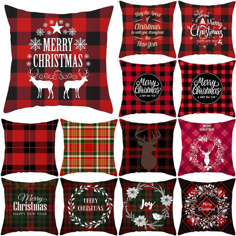 HKM-999699 Classic Red Plaid Christmas Pillow Cover for Home Decor, 45x45cm Polyester Cushion Case