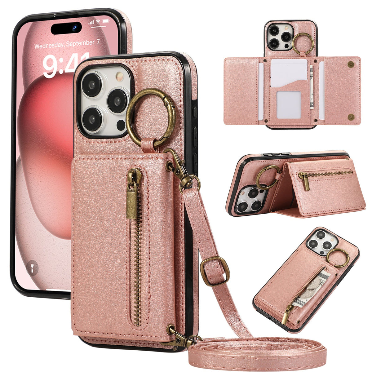 HKM-999891 Iphone 16 Crossbody Tri-fold Mobile Phone Case with Card Holder and Zipper Closure