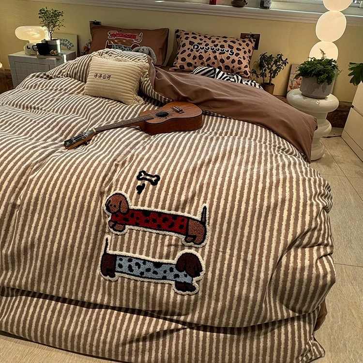 HKM-999955 Coffee Striped Cotton Four-Piece Bedding Set with Embroidered Designs and Fitted Options