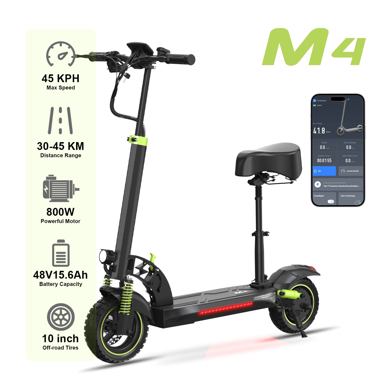 HKM-M4X 27.9 Miles 48V 15.6Ah 748Wh 800W Single-Motor Drive Long-Range Foldable Electric Scooter - Black