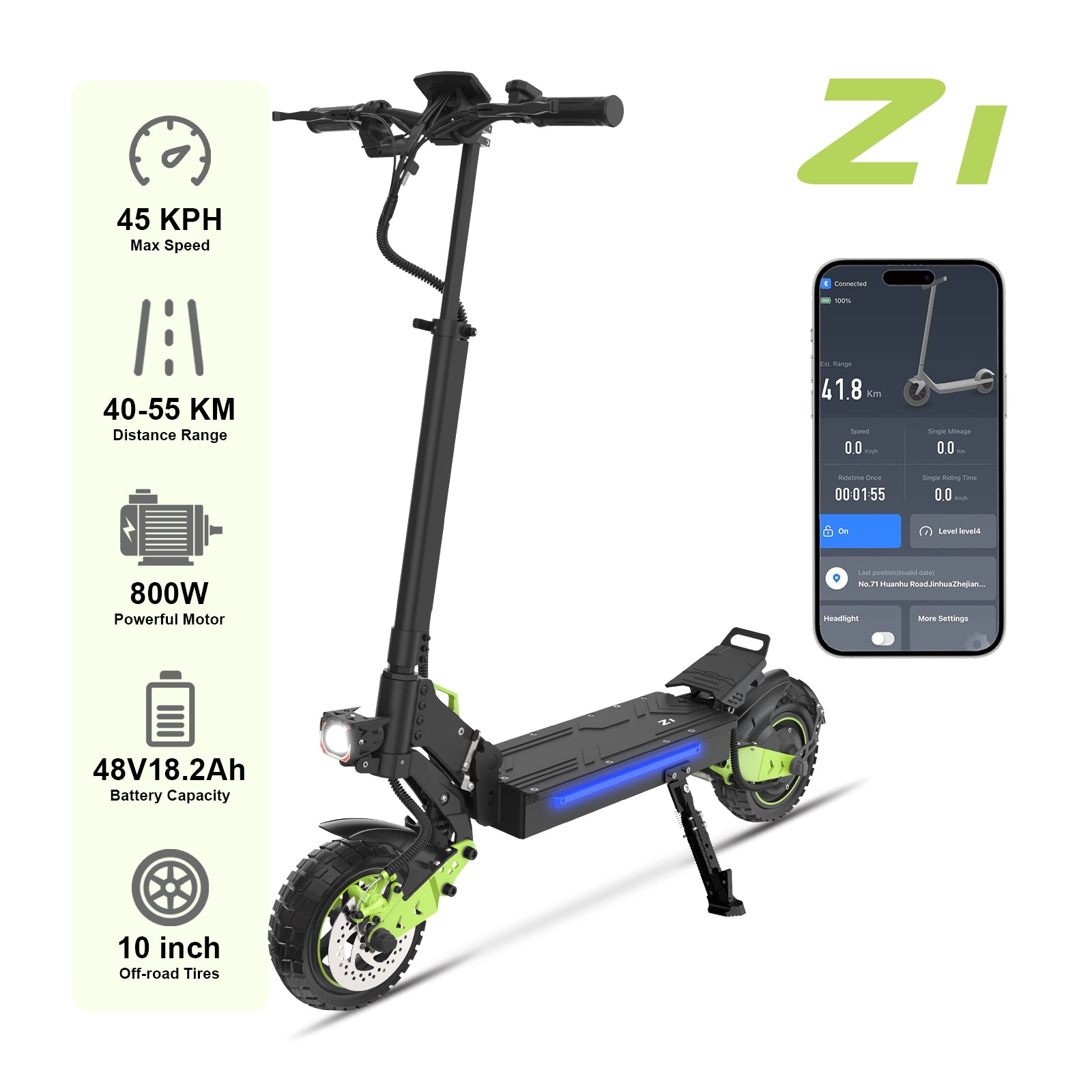 HKM-Z1M 34.1 Miles 48V 18.2Ah 873Wh 800W Single-Motor Drive Long-Range Foldable Electric Scooter - Black