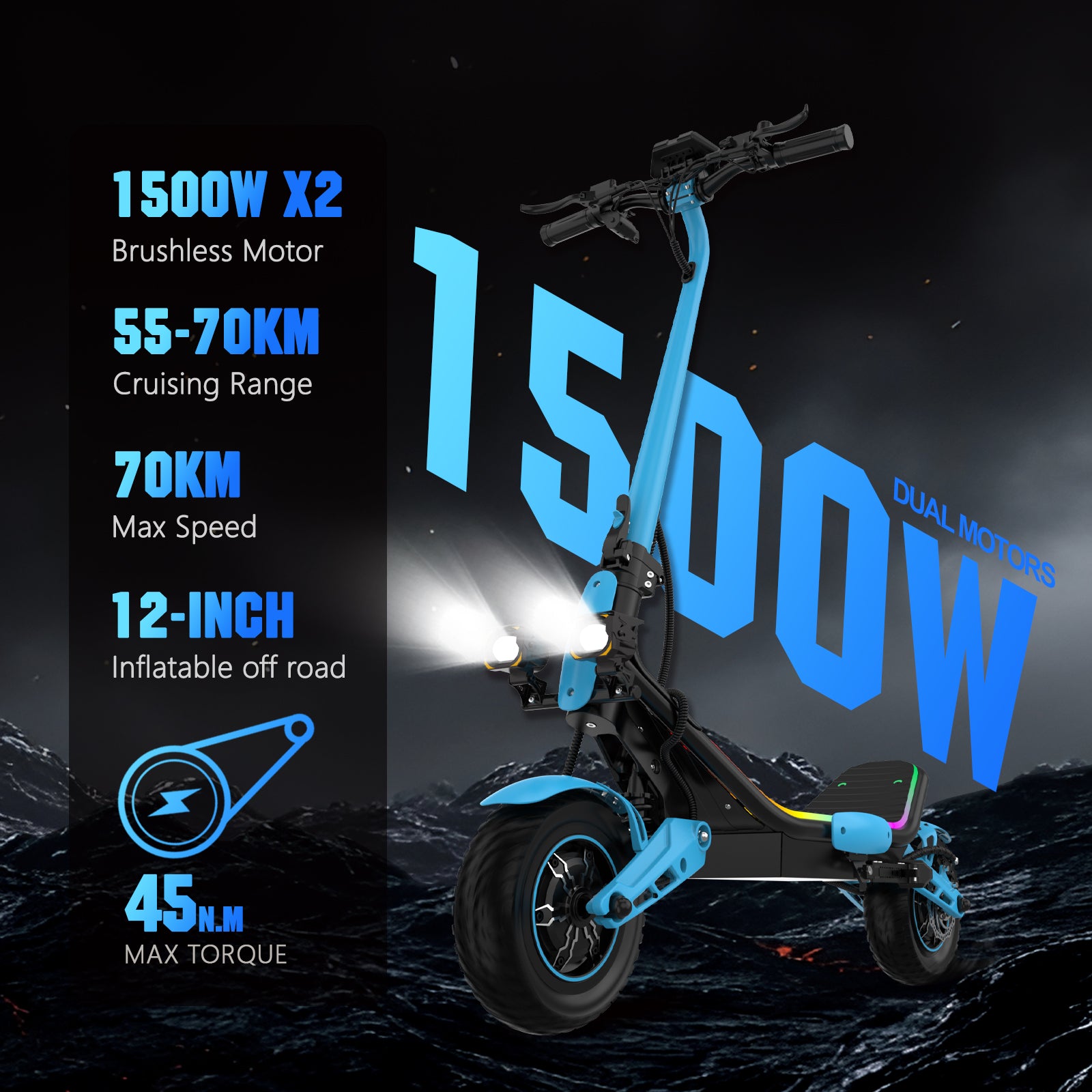 HKM-Z3M 43.5 Miles 60V 23Ah 1380Wh 3000W Dual-Motor Drive Long-Range Foldable Electric Scooter - Black