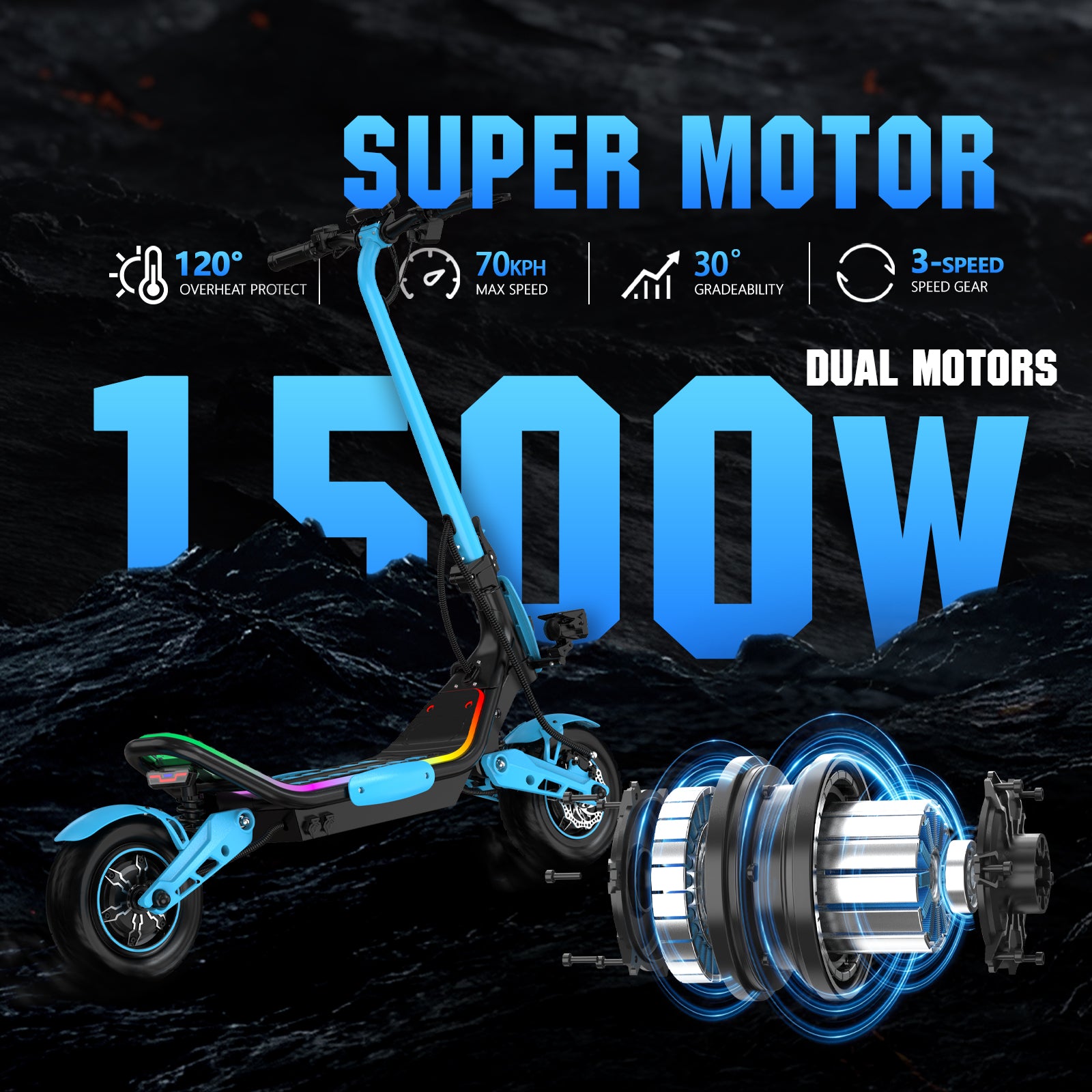 HKM-Z3M 43.5 Miles 60V 23Ah 1380Wh 3000W Dual-Motor Drive Long-Range Foldable Electric Scooter - Black