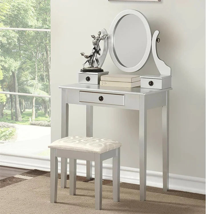 KTX-596243 White Small Makeup Vanity Dressing Desk with Mirror - MDF/Wood, 30W x 13D x 53H Inches